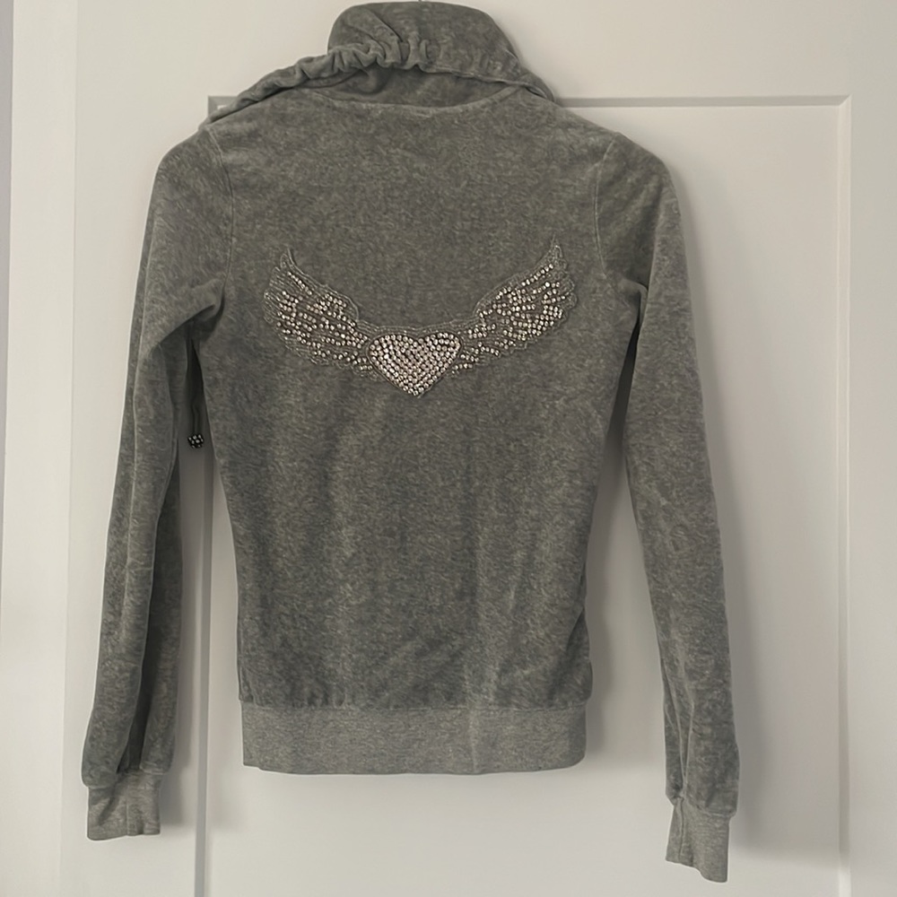 Y2K Twisted Heart Crystal Heart Angel Wings Velour Zip-Up